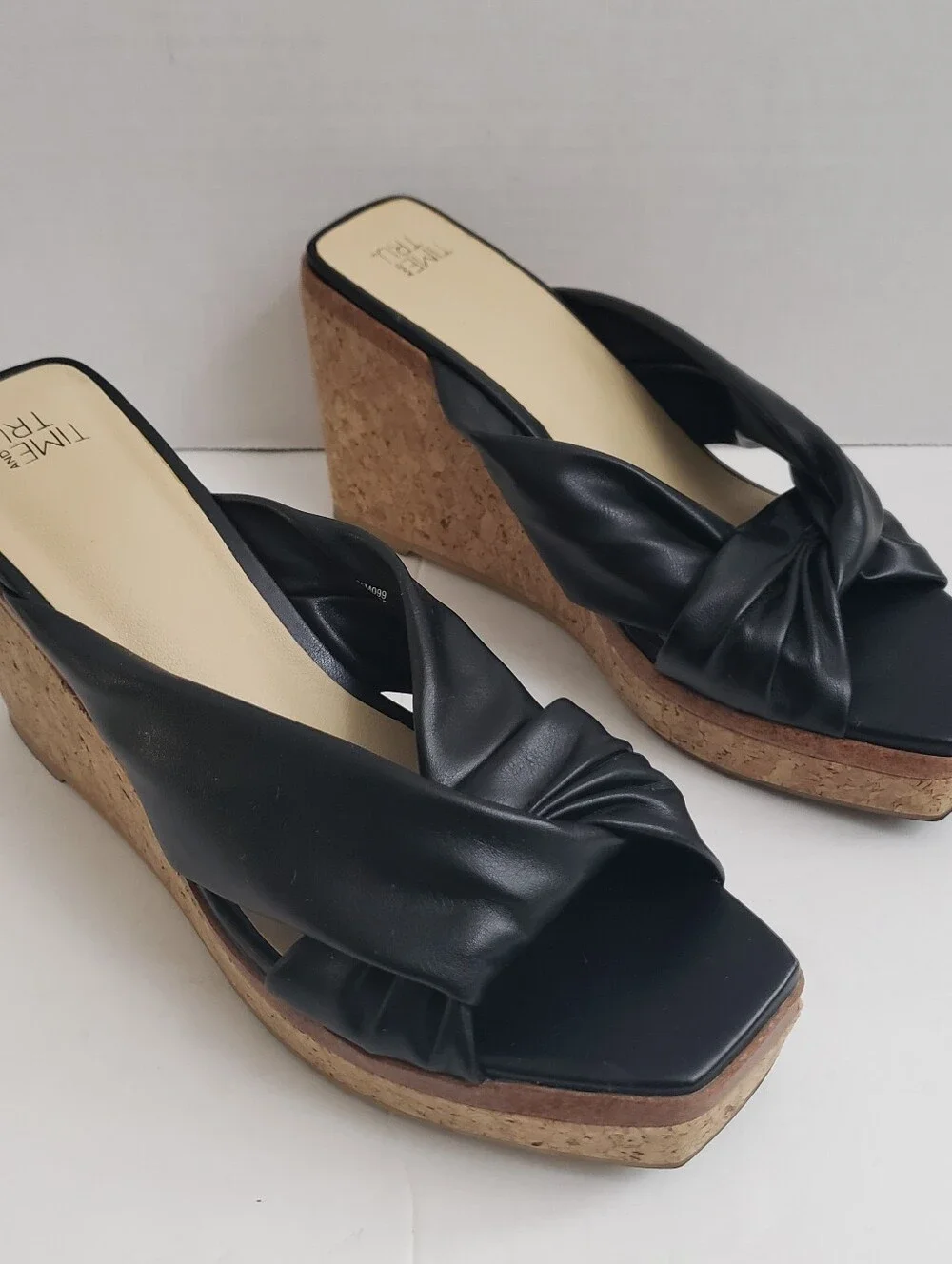 Sz 6 Time And Tru Black Faux Leather Slip On Cork Wedge Heels
